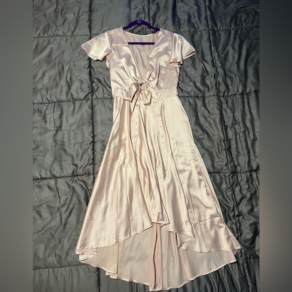 Champagne color satin type tie front high low dress